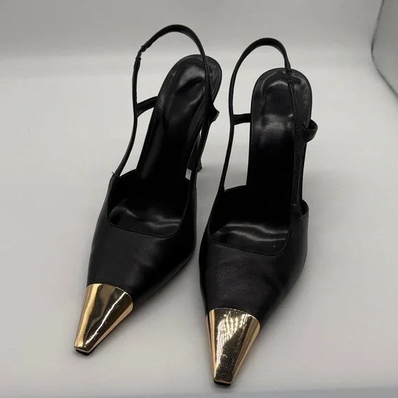 Black Slingback Heels Gold Metal Pointed Toe Stiletto Pumps Size 9 - Picture 4 of 11